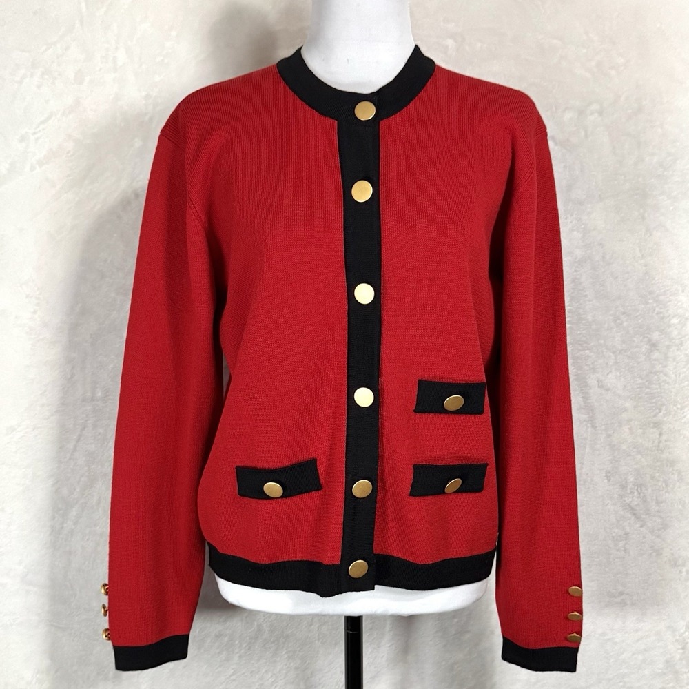 Vintage Lord & Taylor Wool Cardigan Sweater L Red Black Colorblock Gold Buttons‎